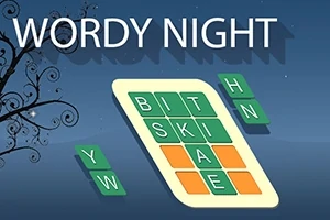 나무 가지 옆에 WORDY NIGHT 글자와 격자에 알파벳 타일이 배치된 이미지