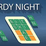나무 가지 옆에 WORDY NIGHT 글자와 격자에 알파벳 타일이 배치된 이미지