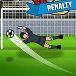 축구 경기에서 골키퍼가 페널티킥을 막으려고 점프하는 장면