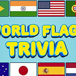 여러 나라의 국기가 배경에 있는 WORLD FLAGS TRIVIA 텍스트 이미지
