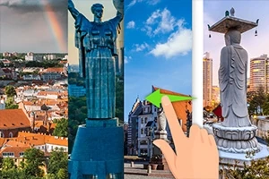 다양한 장소의 조각상과 건축물을 배경으로 한 네 개의 장면이 손가락 제스처와 함께 배열되어 있다