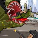 대형 괴물 입 안에 군인이 잡힌 모습과 다른 군인이 총을 발사하는 장면