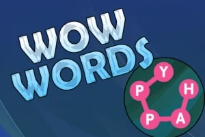 파란색 배경 위에 WOW WORDS라는 텍스트와 원 안에 P, Y, H, A가 연결된 그림
