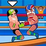 두 명의 만화 스타일 캐릭터가 레슬링 링에서 싸우고 있으며, 관중석에는 사람들이 보인다