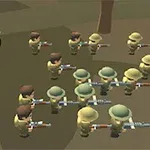 만화 스타일의 병사들과 녹색 장갑차가 있는 풍경