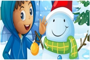 소년이 눈사람과 함께 있는 겨울 장면