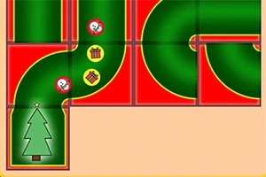 녹색 길과 빨간 배경 위에 크리스마스 트리와 선물 아이콘들이 있는 이미지