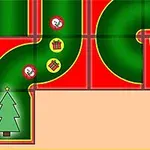 녹색 길과 빨간 배경 위에 크리스마스 트리와 선물 아이콘들이 있는 이미지