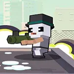 도시 배경 위에 모자를 쓴 블록 형태의 캐릭터가 무기를 들고 있는 모습