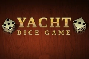 갈색 배경에 두 개의 주사위와 YACHT DICE GAME라는 금색 글자가 있는 이미지