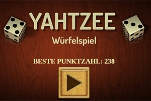 나무 배경 위에 주사위 두 개와 YAHTZEE Würfelspiel 그리고 BESTE PUNKTZAHL: 238 텍스트가 있는 이미지