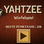 나무 배경 위에 주사위 두 개와 YAHTZEE Würfelspiel 그리고 BESTE PUNKTZAHL: 238 텍스트가 있는 이미지