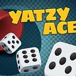 빨간 컵과 주사위 세 개가 배치되어 있고, 노란색 글씨로 YATZY ACES가 쓰여 있습니다