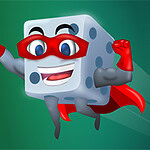 빨간 망토와 마스크를 쓴 주먹을 든 주사위 모양의 슈퍼히어로 캐릭터가 그린 배경 위에 떠 있으며, 왼쪽에는 여러 개의 작은 주사위가 나란히 배치되어 있습니다