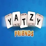 웃는 주사위와 함께 YATZY FRIENDS라는 글자가 파란 배경에 표시된 이미지