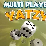 주사위 세 개가 공중에 떠 있으며 MULTI PLAYER YATZY라는 글자가 적힌 이미지