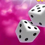 핑크색 배경 위에 두 개의 주사위가 떠 있는 모습