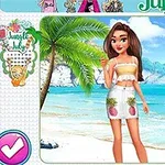 해변 배경 앞에 야자수와 함께 서 있는 여성 캐릭터