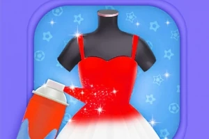 마네킨에 입혀진 드레스에 빨간 스프레이를 뿌리고 있는 모습