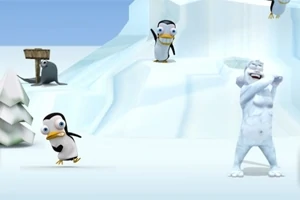 펭귄과 설인이 눈 덮인 배경에서 서로 상호작용하는 장면