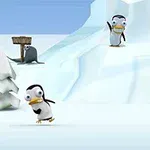 펭귄과 설인이 눈 덮인 배경에서 서로 상호작용하는 장면