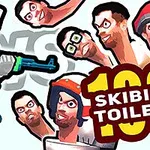 로봇이 총을 들고 있는 가운데 다수의 인물 얼굴이 있는 장면