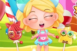 금발 소녀가 큰 리본을 하고 행복하게 웃고 있는 가운데, 다양한 모양의 사탕들이 주변에 있는 장면