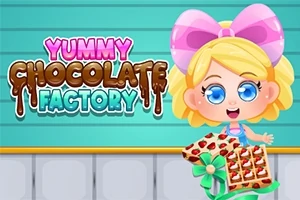 귀여운 소녀가 초콜릿 상자를 들고 있는 모습과 Yummy Chocolate Factory라는 글자가 있는 이미지