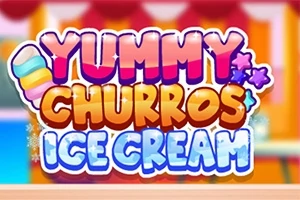 YUMMY CHURROS ICE CREAM이라는 화려하고 알록달록한 글자가 있는 이미지