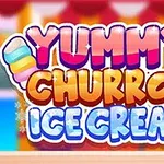 YUMMY CHURROS ICE CREAM이라는 화려하고 알록달록한 글자가 있는 이미지