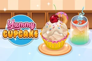 컵케이크와 체리, 도넛, 그리고 무지갯빛 음료가 함께 있는 장면