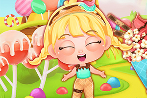 사탕과 초콜릿으로 구성된 배경 앞에서 웃고 있는 귀여운 금발의 캐릭터