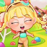 사탕과 초콜릿으로 구성된 배경 앞에서 웃고 있는 귀여운 금발의 캐릭터