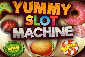 다양한 음식 이미지와 함께 Yummy Slot Machine이라는 글자가 있는 알록달록한 배경 이미지