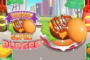 햄버거가 접시에 놓여 있고, 배경에 도시 풍경이 보이며, 상단에 Yummy Super Burger라는 글자가 있다