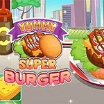 햄버거가 접시에 놓여 있고, 배경에 도시 풍경이 보이며, 상단에 Yummy Super Burger라는 글자가 있다