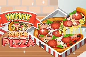 피자 상자 안에 베이컨, 페퍼로니, 야채 토핑이 올려진 피자가 있고, 왼쪽에 Yummy Super Pizza라는 텍스트가 있는 그림입니다