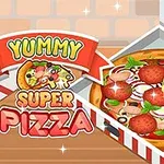 피자 상자 안에 베이컨, 페퍼로니, 야채 토핑이 올려진 피자가 있고, 왼쪽에 Yummy Super Pizza라는 텍스트가 있는 그림입니다