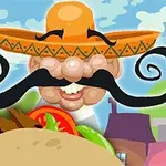 커다란 콧수염과 멕시코 전통 모자를 쓴 캐릭터와 타코 이미지