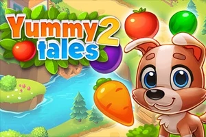 강아지와 다양한 색상의 과일들, 그리고 자연 배경이 있는 이미지