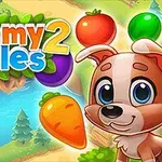 강아지와 다양한 색상의 과일들, 그리고 자연 배경이 있는 이미지