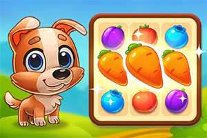 강아지와 함께 화려한 과일과 당근이 있는 퍼즐 게임 화면