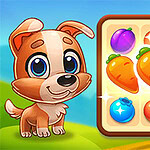 강아지와 함께 화려한 과일과 당근이 있는 퍼즐 게임 화면