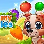 강아지와 여러 색상의 과일, 채소가 있는 밝고 알록달록한 장면