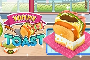 맛있는 토스트와 야채 및 소스가 있는 다채로운 게임 화면