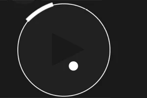 검정 배경 위에 원형 테두리와 삼각형, 작은 원이 있는 단순한 그래픽 이미지