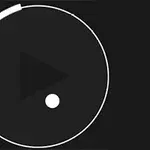 검정 배경 위에 원형 테두리와 삼각형, 작은 원이 있는 단순한 그래픽 이미지