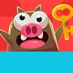 갈색 캐릭터가 큰 눈과 분홍색 코를 가진 채로 노란 열쇠를 들고 있는 모습