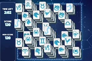 쌓여 있는 여러 개의 타일에 별자리와 동물 그림이 그려져 있으며, 왼쪽에 남은 시간과 점수가 표시되어 있는 이미지