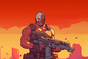 강력한 장갑을 착용하고 대형 총을 든 근육질의 가면 쓴 전사, 황혼의 하늘을 배경으로 서 있다